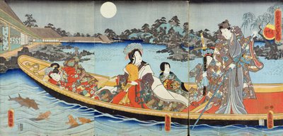 Triptych depicting a prince, princess and court ladies boating on a garden pond under a full moon in June, probably from the 